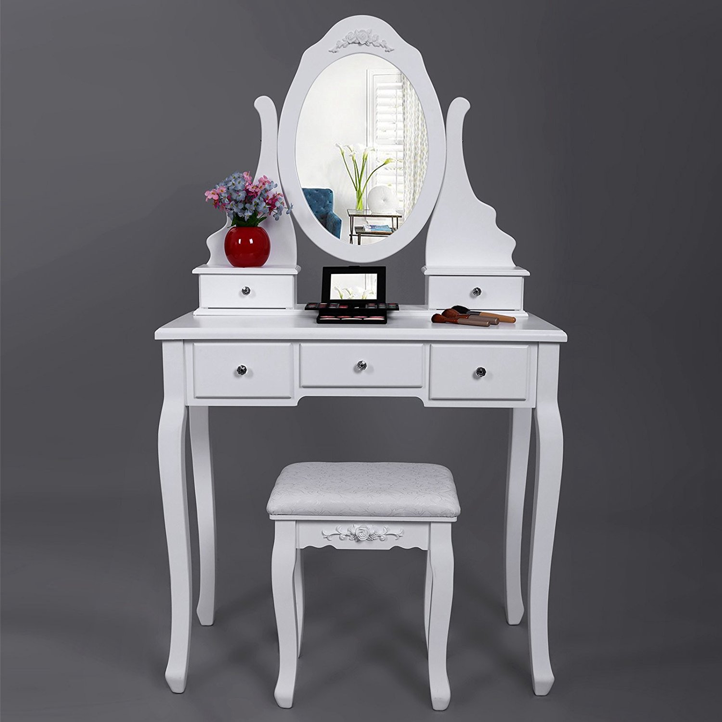 Yonntech Modern Makeup Table Dressing Table Home Bedroom with Mirror Stool and 5 Drawers MDF Free Gift