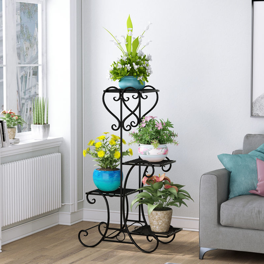 Metal Plant Shelf Flower Display Stand Garden Planter Holder with 4 Tier Shelves Indoor (Black)