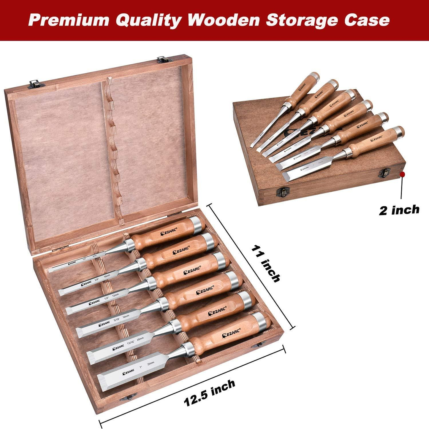 6Pcs Wood Chisel Set for Woodworking CRV Steel with Walnut Handle in Wooden Premium Box