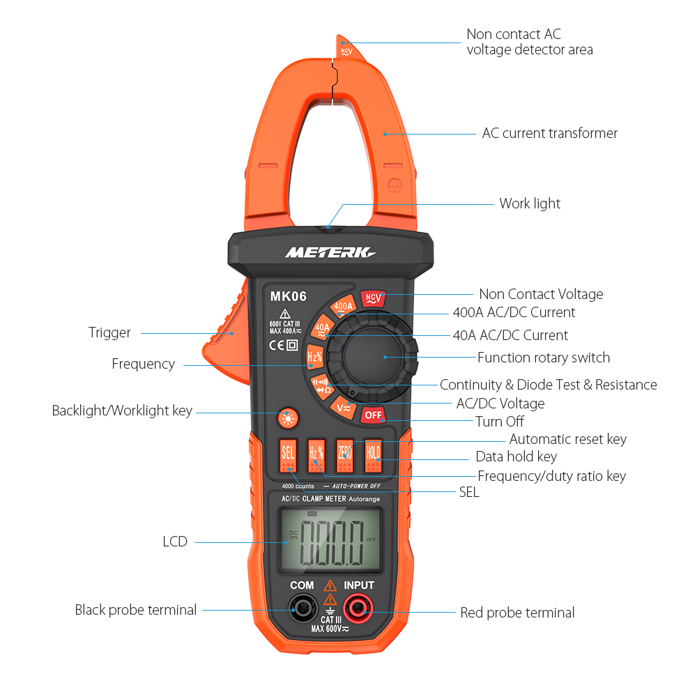 Digital Clamp Meter AC DC Voltage Current LCD Diaplay Auto-Ranging Clamp Multimeter Capacitance NCV Hz Tester 4000 Counts