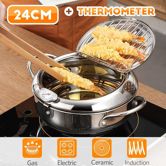 Japanese Style Deep Frying Pot Thermometer Tempura Fryer Pan Temperature Control Fried Chicken Pot Cooking Tools Kitchen Utensil