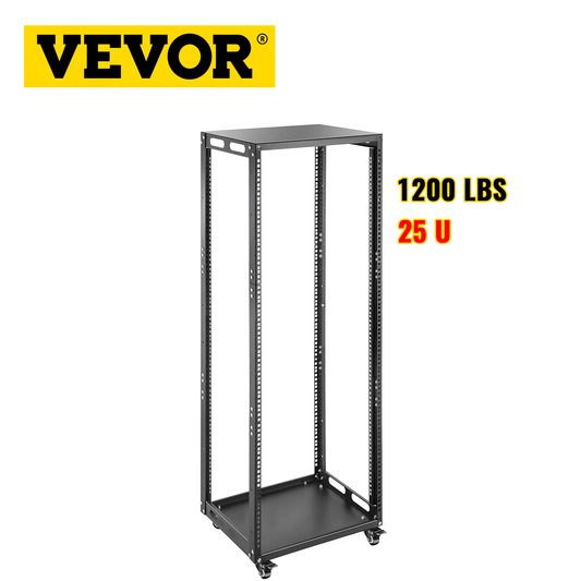 Open Frame 4-Post Network Server Rack 25 U Design Cold-Rolled Steel Rack 1200 LBS Load Capacity with 4 Casters for Server