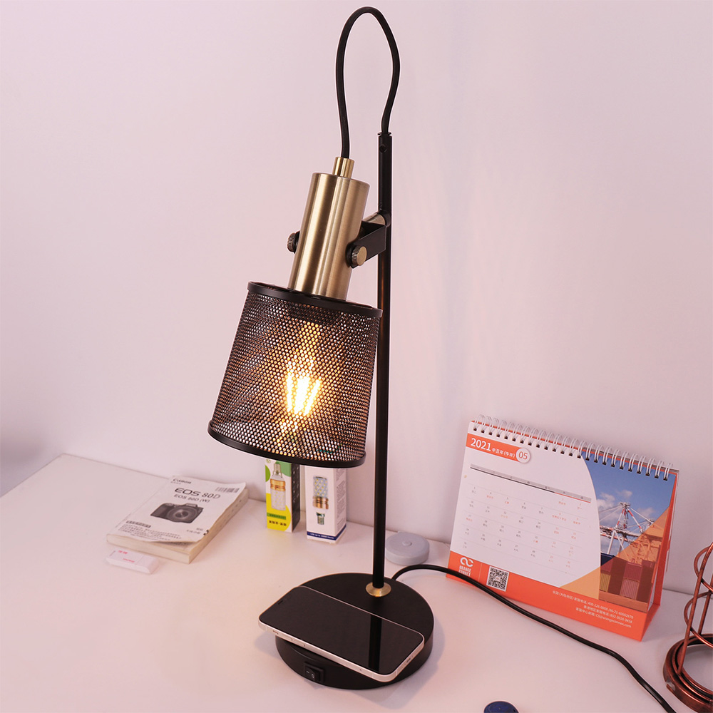 Modern Vintage USB Charging Desk Lamp Metal Mesh Cover E27/E26 Adjustable Table Light Living Room Bedroom Work Study Office