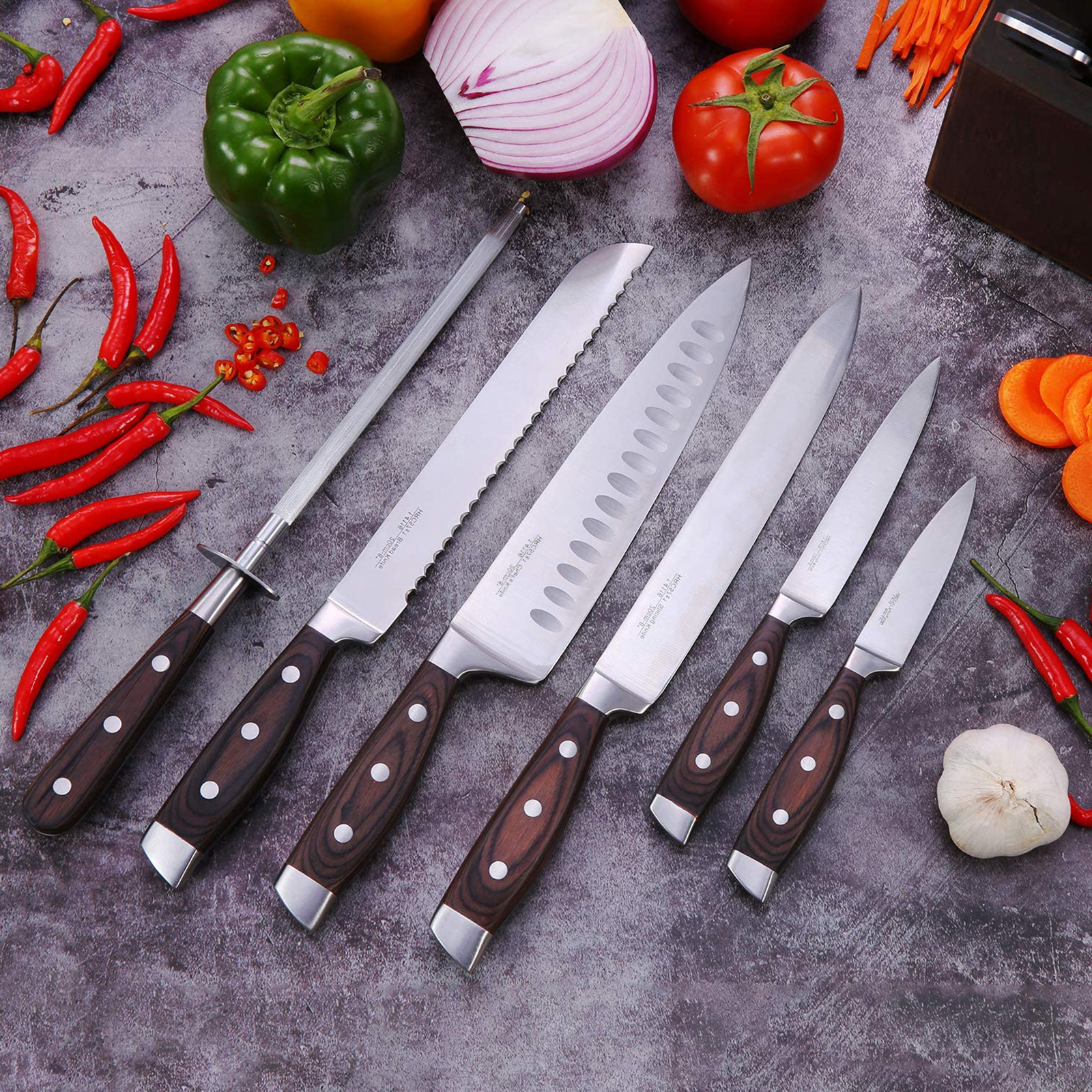 8Pcs/Set Wood Handle Kitchen Knives Kitchen Cutting Tool Block Set with Sharpener 1.4116 Stainless Steel Blade Scissors