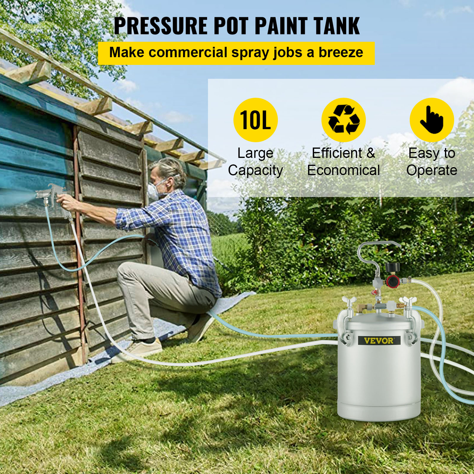 New 2-1/2 Gallon Pressure Feed Paint Tank Pot Spray Gun Sprayer System Air Fluid Hoses for House Keeping or Commercial