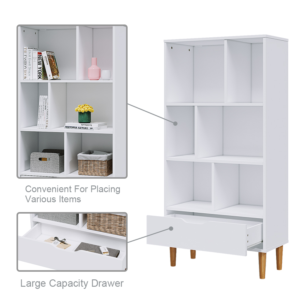 Living Room Bookcase Storage Cabinet Shelves Unit 6 Cube Bookshelf Freestanding with 1 Drawer Wooden Legs Display