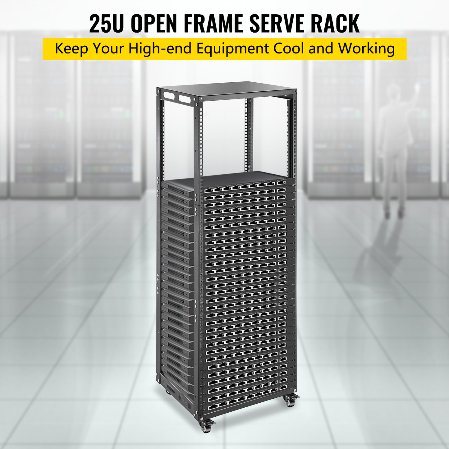 Open Frame 4-Post Network Server Rack 25 U Design Cold-Rolled Steel Rack 1200 LBS Load Capacity with 4 Casters for Server