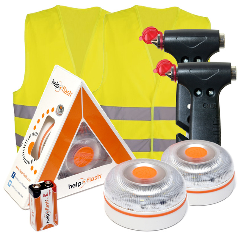 -Standalone Emergency Light, V16 Hazard Presenter Signal, Approved, DGT Regulations + Hammer + Vest