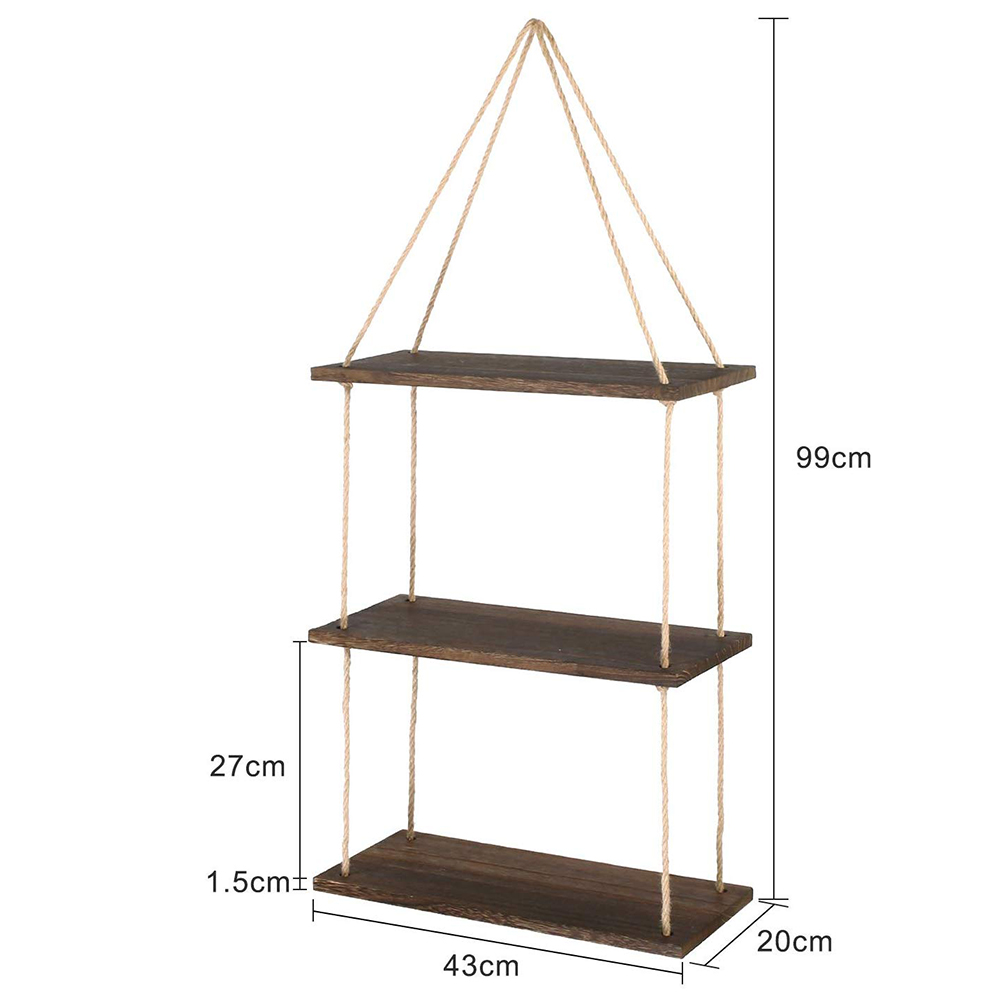 3 Tiers Rustic Wooden Wall Hanging Rope Shelf Mounted Floating Storage Unit Home