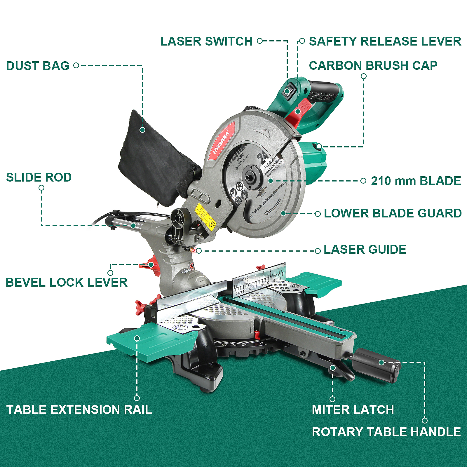 Miter Saw 1500W  Woodworking Electric Saw 230Mm Cutting Width with Cutting Edges Laser Quick Adjustment Table Saw Tools