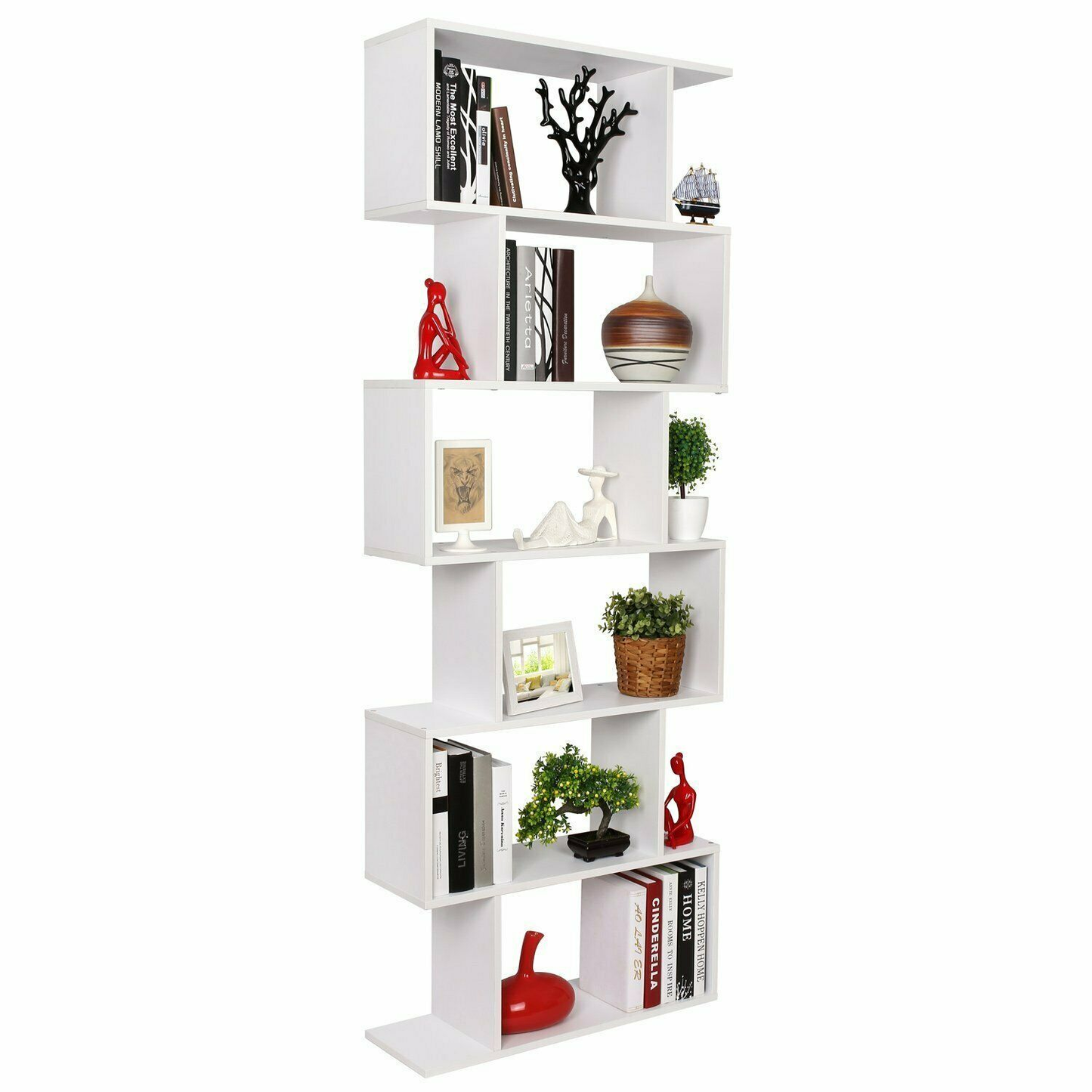 Wooden Bookshelf 6 Tier Storage Shelf S Shape Bookcase Display Shelving Unit