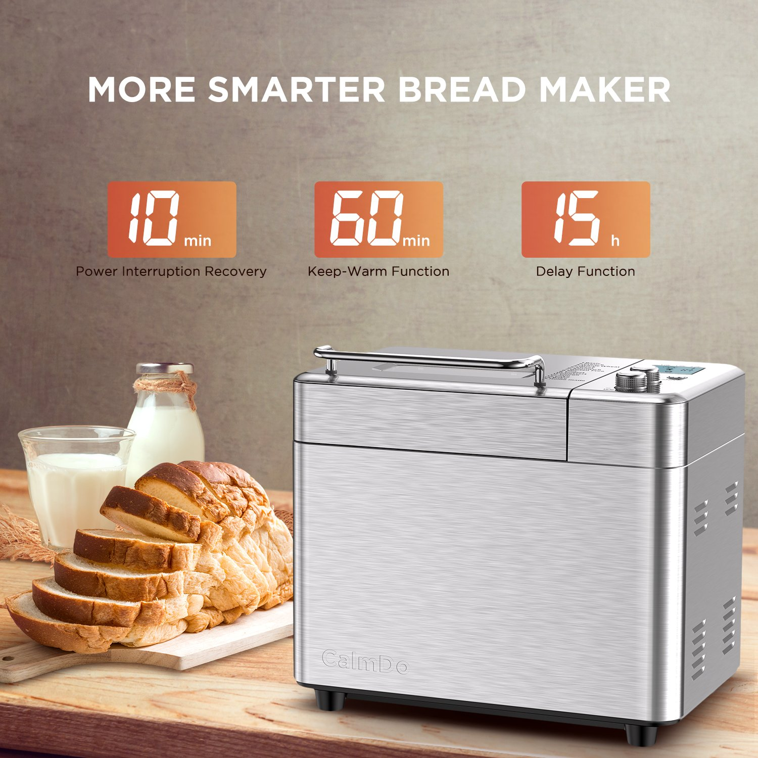 Stainless Steel 1KG 15-In-1 Automatic Bread Maker 600W Programmable Bread Machine with 3 Loaf Sizes Fruit Nut Dispenser