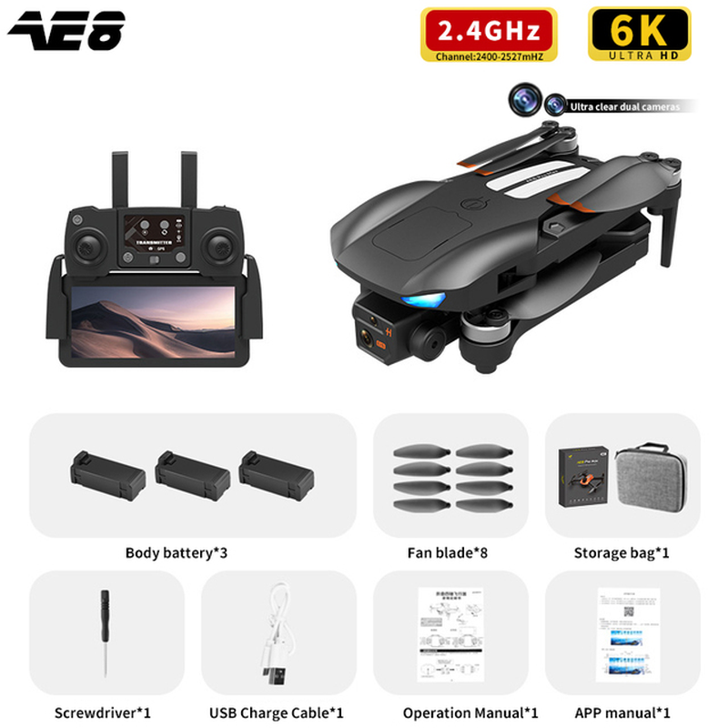 AE8 Pro Max Obstacle Avoidance Drone GPS Positioning Drone Brushless Motor Quadcopter 8K HD Aerial Photography RC Airplane Toy