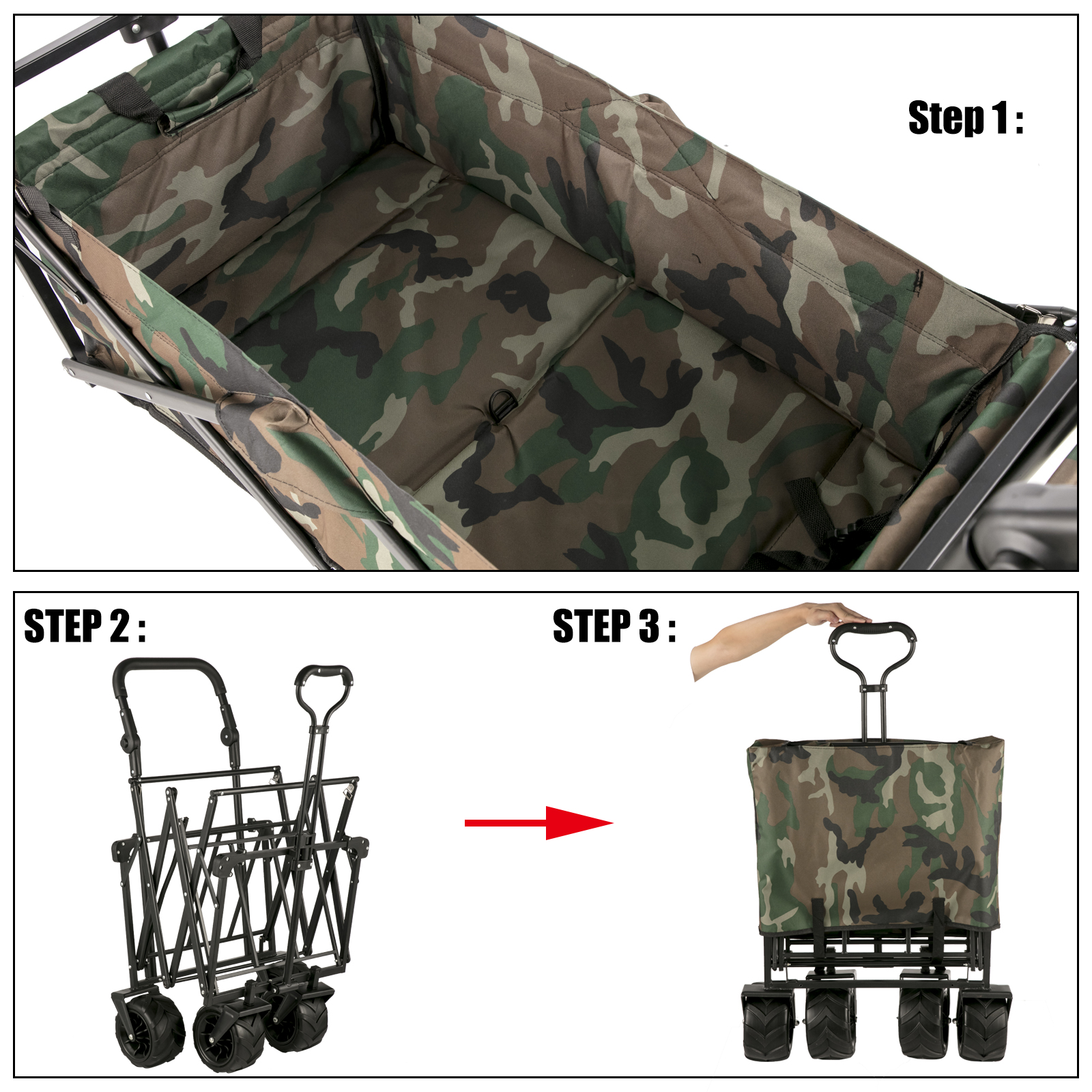 7In Wheel Folding Wagon Cart 220.5 Capacity W/ Adjustable Handle Pull Oxford Cloth Collapsible Outdoor Garden Trolley Cart