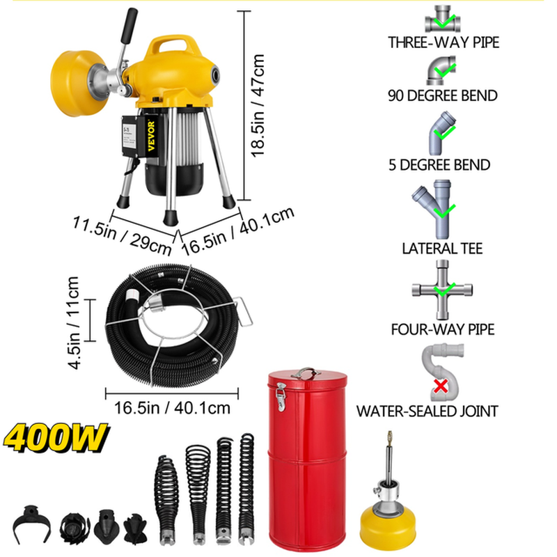 Auger Pipe Drain Cleaning Machine 250/400/500W Electric Drain Cleaner Tube Blockage Unblocker Toilet Sewer Dredge Machine