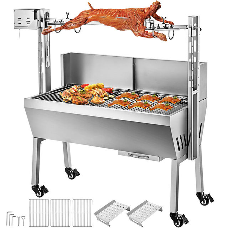 60KG / 132LBS Electric Roaster Grill 2 in 1 BBQ Rotisserie Grill W/ Lockable Wheels for Roasting Sheep, Turkey, Beef, Fish