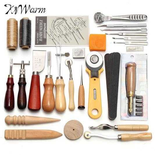 Kiwarm Professional 37/61/18Pcs Leather Craft Tools Kit Hand Sewing Stitching Punch Carving Work Saddle Leathercraft Accessories