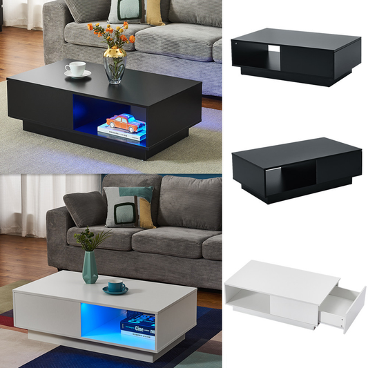 Coffee Table Rectangle Living Room Storage with RGB LED + Large Drawer for Livingroom Sofa Table White / Black Color