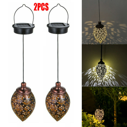 2Pcs LED Solar Rugby Iron Chandelier Hollow Lights Outdoor Garden Light Lamp