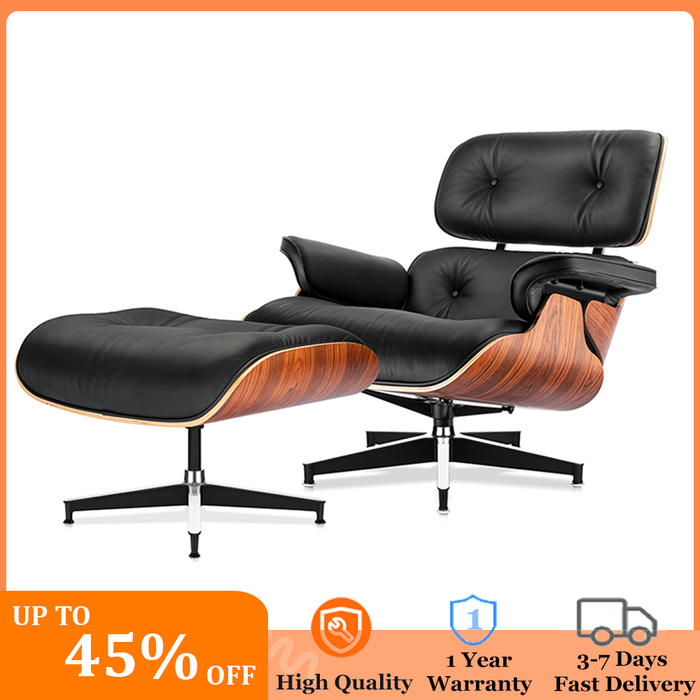 Replica Lounge Chair with Ottoman Black Lather Walnut Wood Genuine Leather Chaise for Living Room