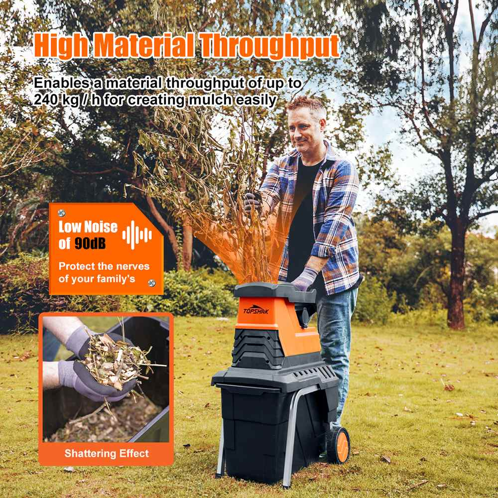 Electric Plant Shredder 2800W Plant Branch Shredder 45MM Max Cutting Diameter 55L Garden Shredder with Wheels and Push Rod