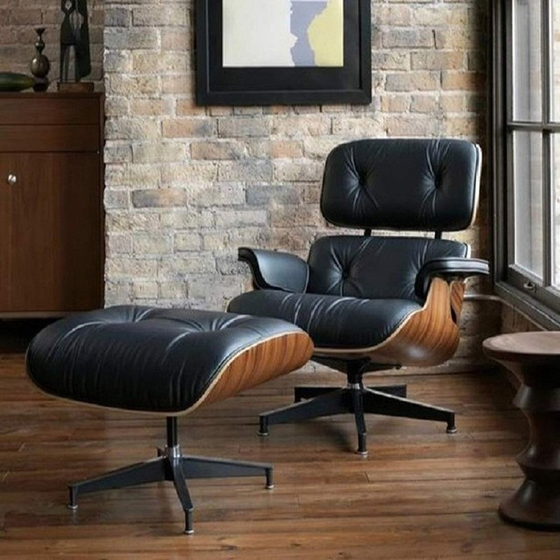 Replica Lounge Chair with Ottoman Black Lather Walnut Wood Genuine Leather Chaise for Living Room