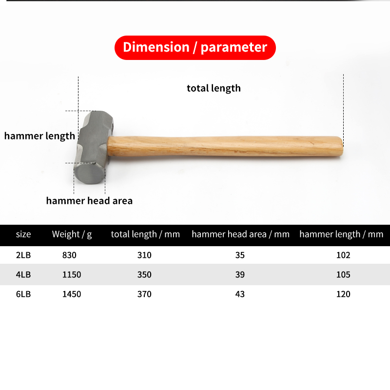 Heavy Duty Wooden Handle Sledge Hammer 1Pcs Forged Steel Octagon Hammer Square Head Big Hammer Masonry Hammer 2LB 3LB 4LB