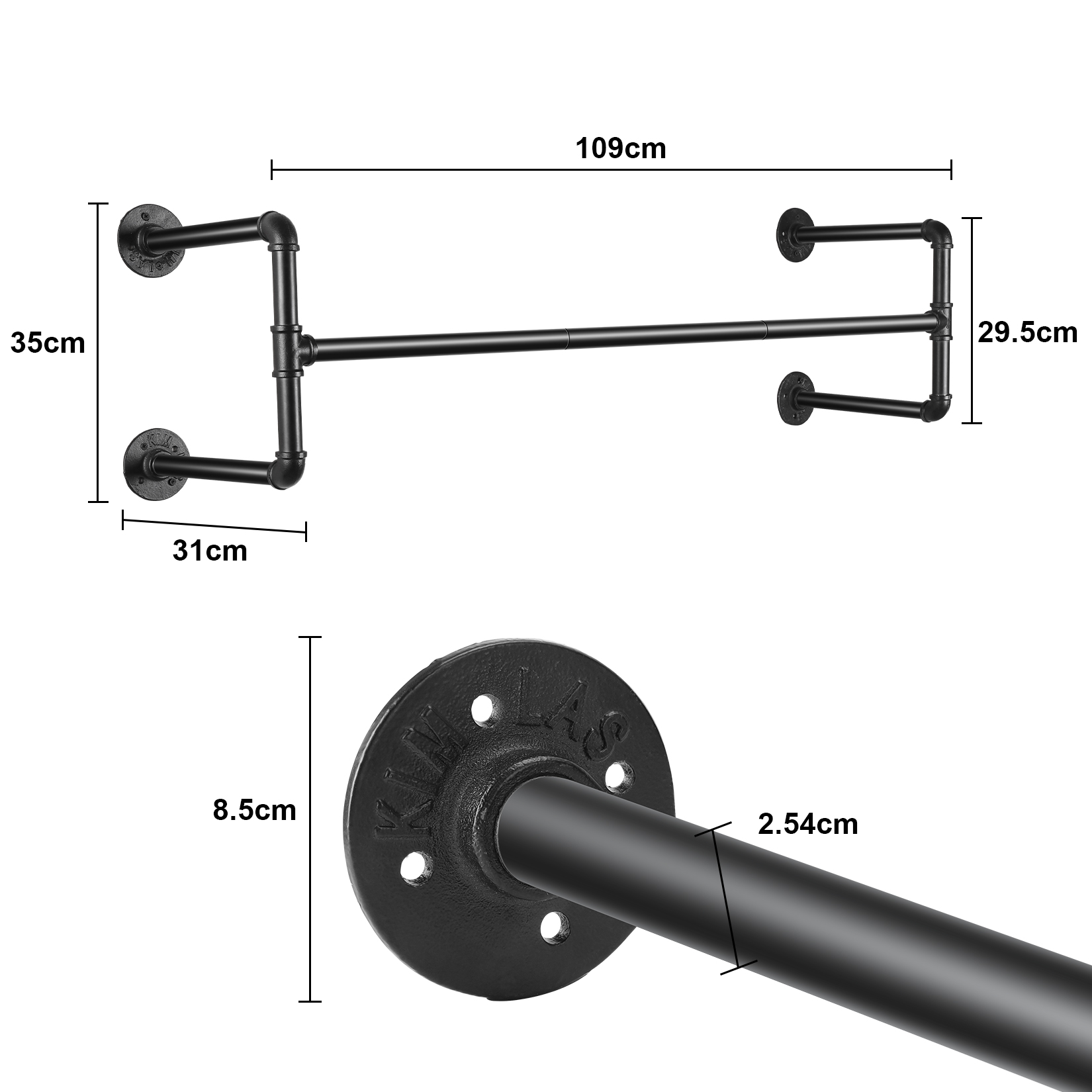 Industrial Pipe Clothes Rack Wall Mounted Hanging Bar Garment Rack Rail Detachable Bedroom Space-Saver for Home