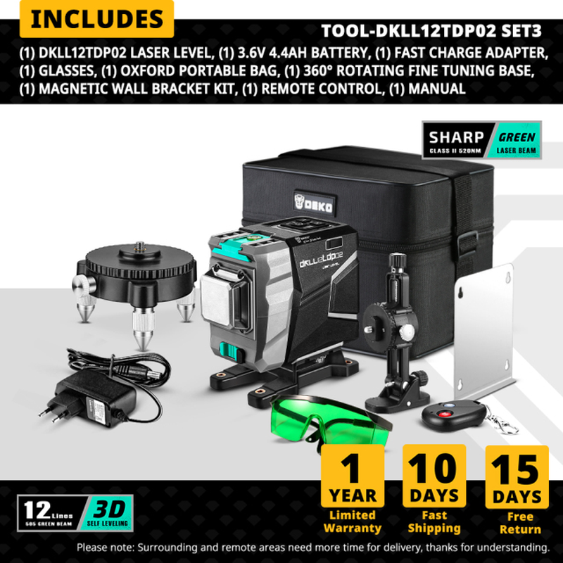 12 Lines 3D Green Laser Level Horizontal&Vertical Cross Lines 520Nm,Auto Self-Leveling, High-Precision (Dkll12Tdp02 Series)