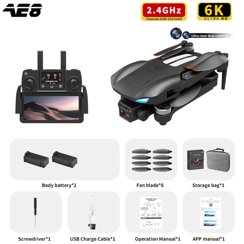 AE8 Pro Max Obstacle Avoidance Drone GPS Positioning Drone Brushless Motor Quadcopter 8K HD Aerial Photography RC Airplane Toy