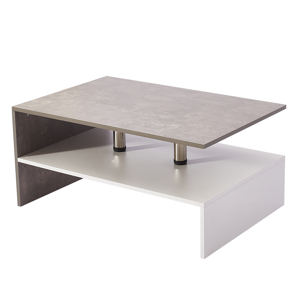 Coffee Table 2 Tiyers Book Sundries Storage Shelf with 2 Pillars Living Room Table Sofa Table Concrete White 90X60Cm