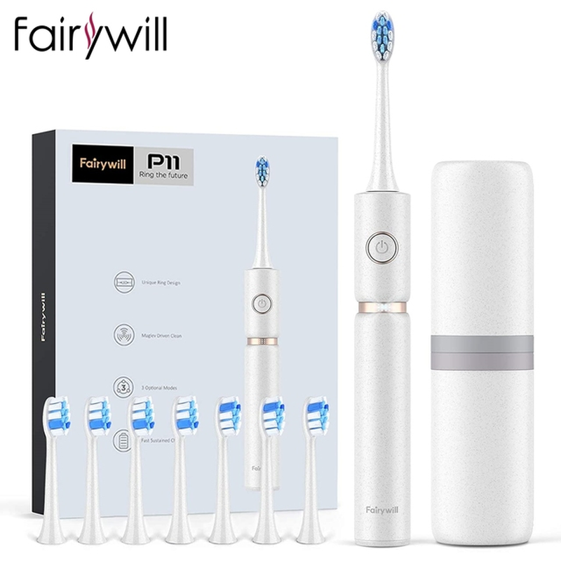 Fairywill Sonic Whitening Electric Toothbrush Rechargeable USB ADA Accepted Waterproof IPX7 Clean 4 Heads and 1 Travel Case