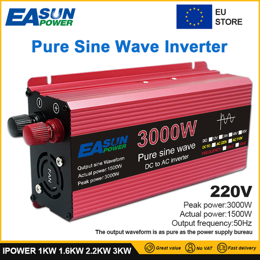 1000W 1600W 2000W 3000W Pure Sine Wave Power Inverter DC 12V/ 24V to AC 220V Converte LED Display Portable Car Inverter