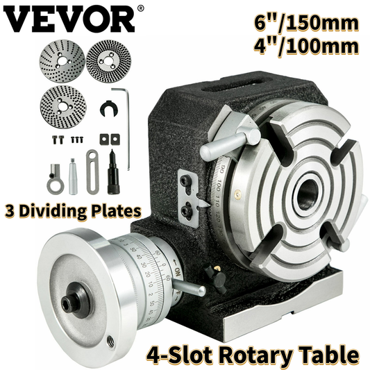 VEVOR Horizontal Vertical Rotary Table 4"/100Mm 6"/150Mm Precision 4-Slot MT-2 W/ 3 Dividing Plates for Milling Drilling Machine