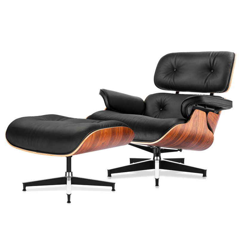 Replica Lounge Chair with Ottoman Black Lather Walnut Wood Genuine Leather Chaise for Living Room