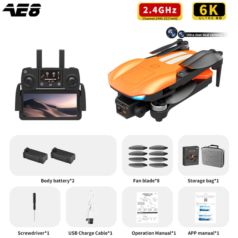 AE8 Pro Max Obstacle Avoidance Drone GPS Positioning Drone Brushless Motor Quadcopter 8K HD Aerial Photography RC Airplane Toy