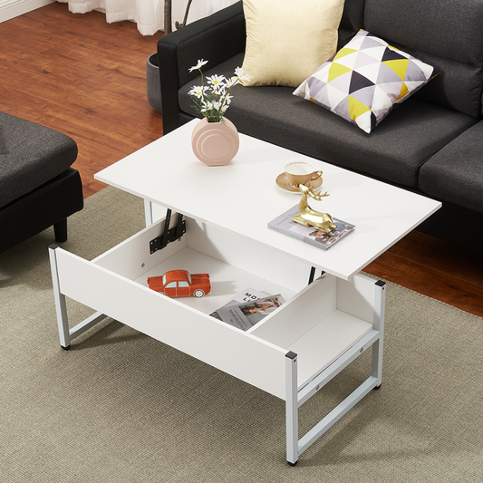 Coffee Table with Storage Shelf Llift-Up Sidetable Desk Metal Leg Laptop Table Study Desk Livingroom Furniture White