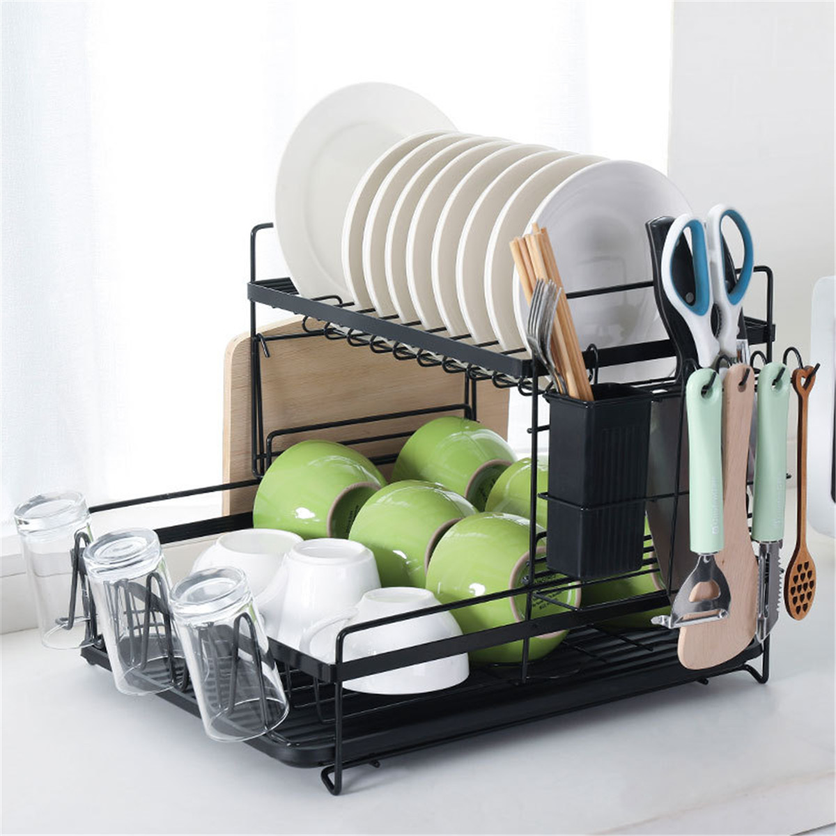 2/3 Tier Kitchen Storage Shelf Dish Drying Rack Holder with Drainboard Plate Cup Spoon Drainer Countertop Utensil Organizer