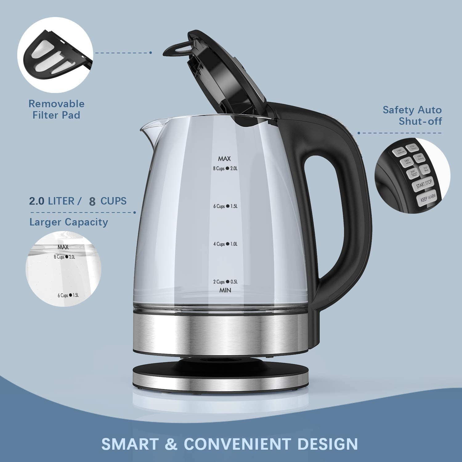 2.0L Electric Kettle with Temperature Control for Tea Coffee Cordless Water Heater Teapot Smart Kitchen Appliances 220V