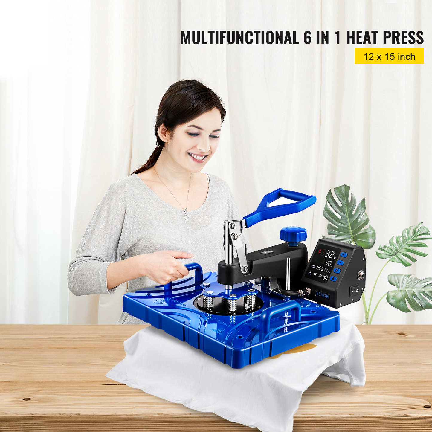 6 in 1 Heat Press Machine 800W 12 X 15 Inch Black & Blue 360 Degree Rotation Design Digital LED Transfer Printing for Mug