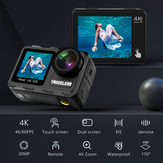 Keelead Action Camera K80 4K Dual Screen Wifi 5M Body Waterproof 60FPS 20MP 2.0 Touch LCD EIS Remote Control 4X Zoom Sports Cam