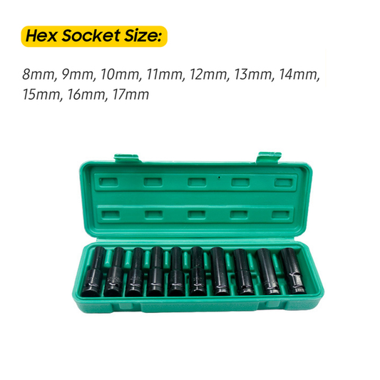 1/2Inch Drive Hex Impact Socket Set 20-10Pcs Deep Socket Metric Sizes 10-24Mm Carbon Steel with Hard Storage Box Hand Tool Set