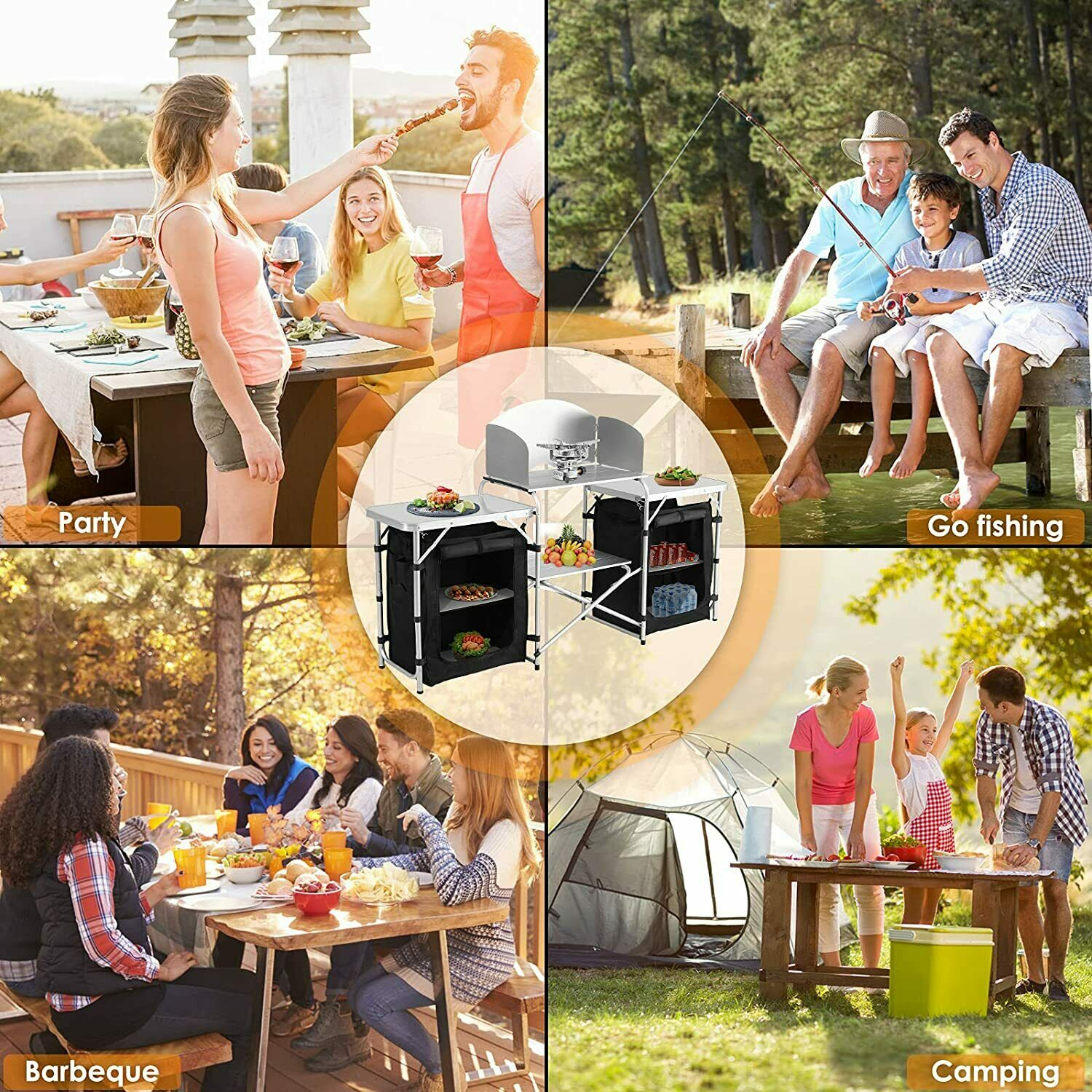 Kitchen Table/Cabinet Camping Large Sturdy Portable Folding Cooking Storage Rack Zippered Bag Outdoors Windproof Black