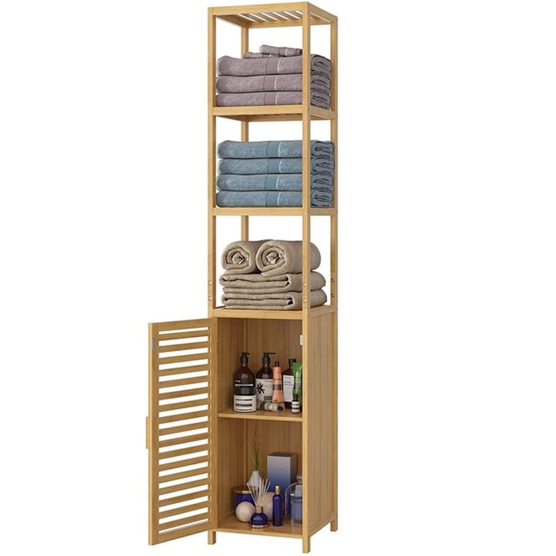 Bamboo Tall Cabinet Bathroom Storage Shelf with 3 Tiers Narrow Storage Cabinet Freestanding Shelves 1 Door Natural 33X33X169 Cm