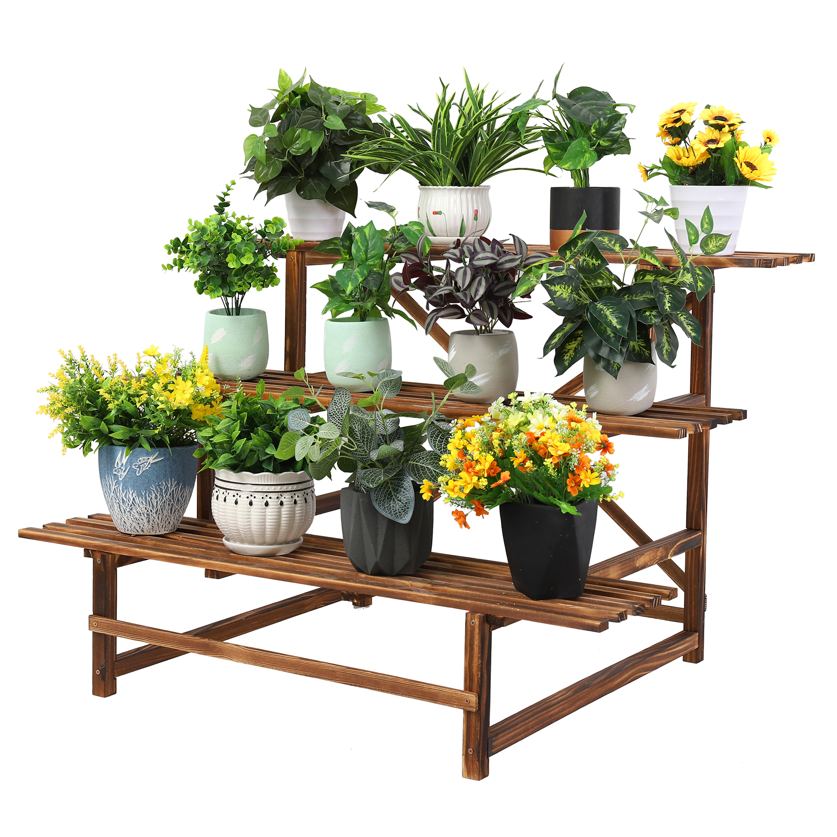 Large 3 Tier Stair Style Wood Plant Stand Patio Rack Outdoor/Indoor Garden Shelf