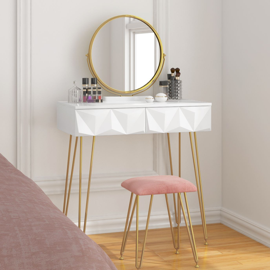 White Gold Dressing Table with 360 ° Swivel Mirror Velvet Stool Makeup Cosmetic Vanity Table with 2 Drawers 3D Effect Bedroom