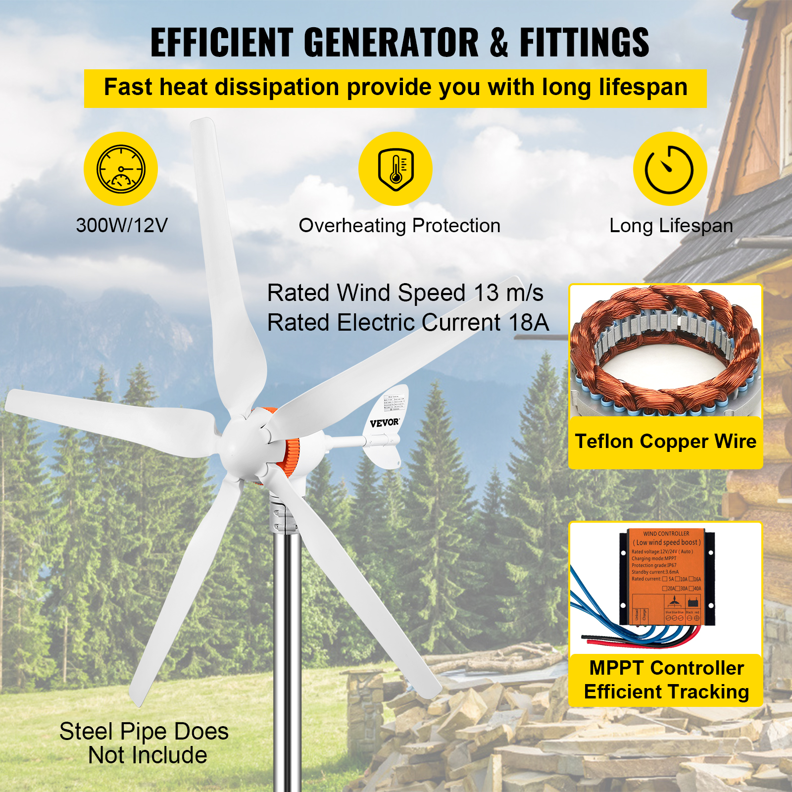 12V Wind Turbine Generator 300W-500W with Controller 3 5 Blades Small Wind Turbine for Home Use Low Noise High Efficiency