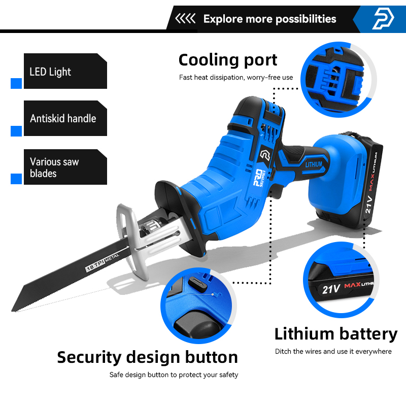 Cordless Reciprocating Saw 21V Adjustable Speed Chainsaw Wood Metal PVC Pipe Cutting Reciprocating Saw Power Tool by