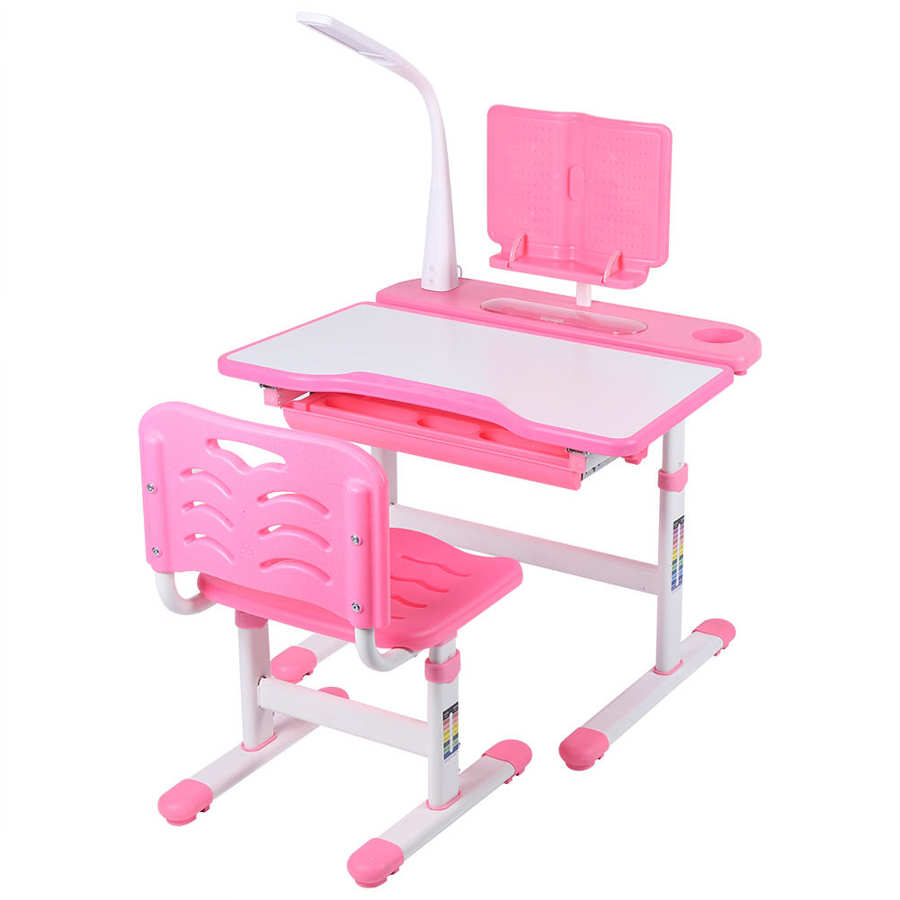 Pink Kids Study Desk Chair Set,Height Adjustable Study Table with Eye Protection Lamp Reading Stand for Boys Girls