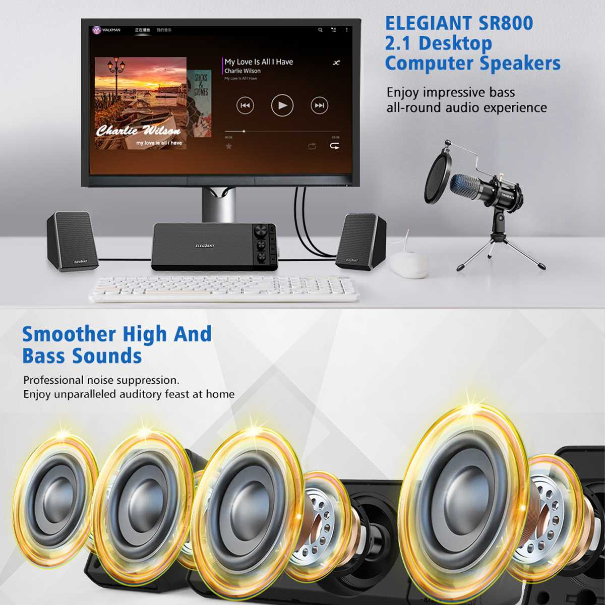 SR800 Desktop Computer Speaker Home Theater 2.1 Channel Sound System Soundbar MP3 Music Player BT5.0 AUX USB TF Input